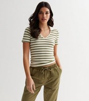 New Look Green Stripe Ribbed Short Sleeve Collared Polo Top